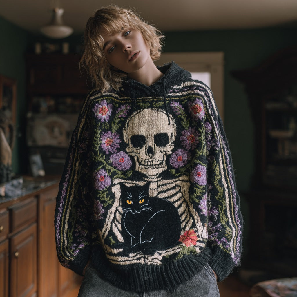 Comstylish Women's Skull And Black Cat Knitted Jacquard Hooded Sweater