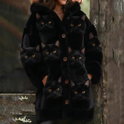 Comstylish Probe Cat Fleece Hooded Cardigan Long Sweater