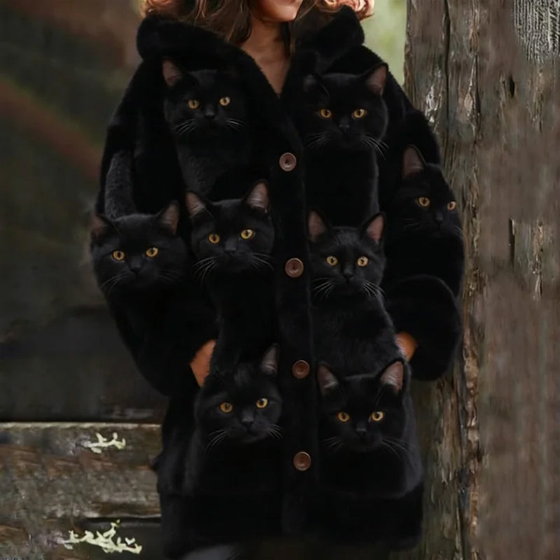 Woll-Strickjacke mit vielen Katzen-Print