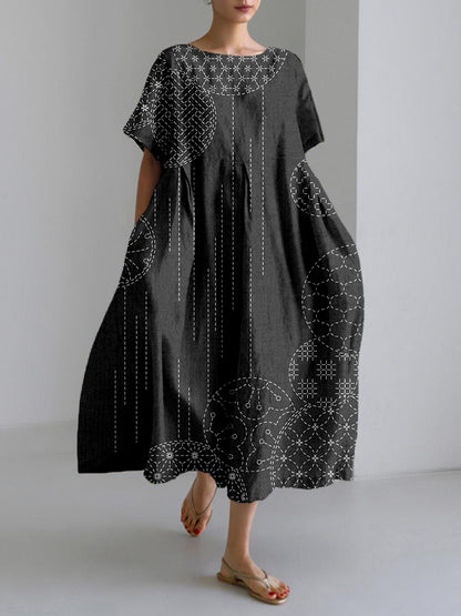 Comstylish Windchimes Japanese Sashiko Art Linen Blend Maxi Dress