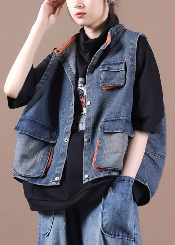 Elegante blaue Jeansweste mit Knöpfen, Taschen und Patchwork, Herbst