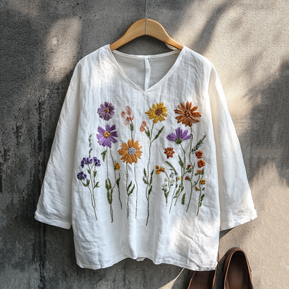 Comstylish Boho Floral Embroidery Print Cotton And Linen Blend Loose Blouse