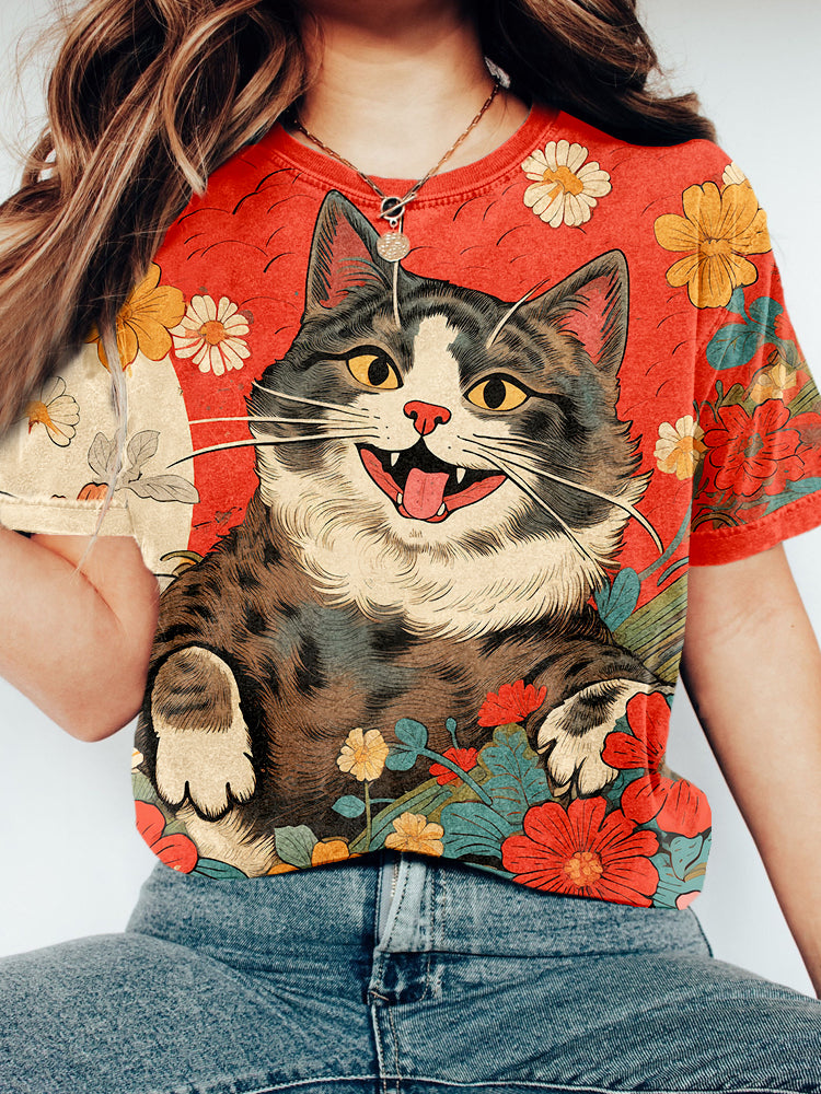 Funny Japanese Ukiyo-e Cat Art Vintage T Shirt elevenforest
