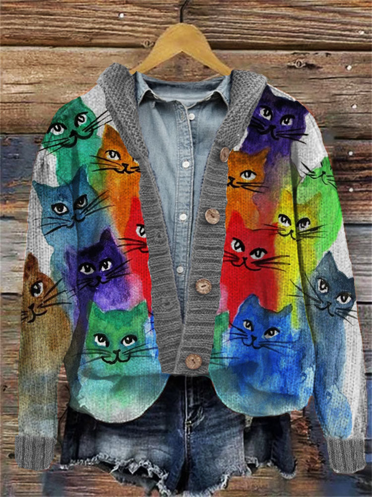 Colorful Cute Cats Embroidered Hooded Cardigan elevenforest