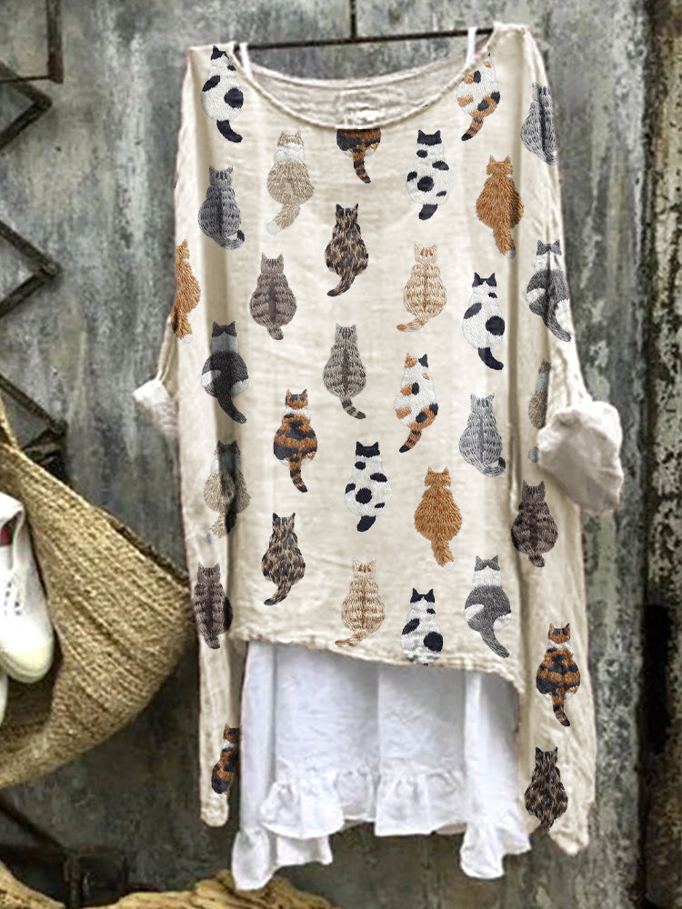 Cute Cats Embroidery Pattern Linen Blend Casual Shirt elevenforest