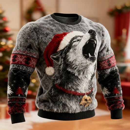 Comstylish Men's Retro Viking Christmas Wolf Art Long Sleeve Flannel Sweatshirt