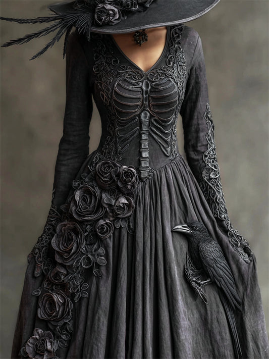 Comstylish Vintage Rib Cage Raven & Dark Roses Celtic Linen Maxi Dress