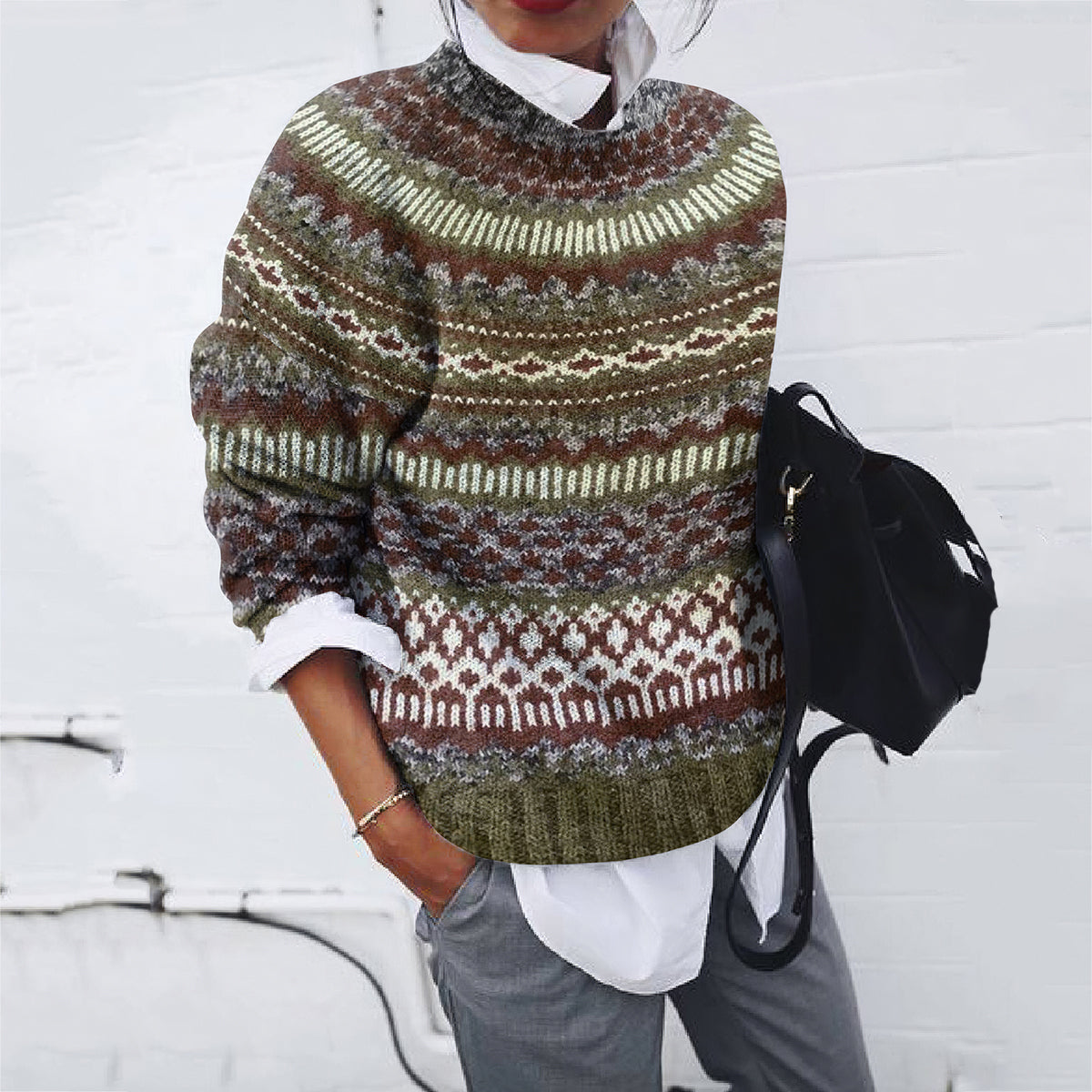 Vintage Wool Geometric Contrast Crew Neck Sweater elevenforest