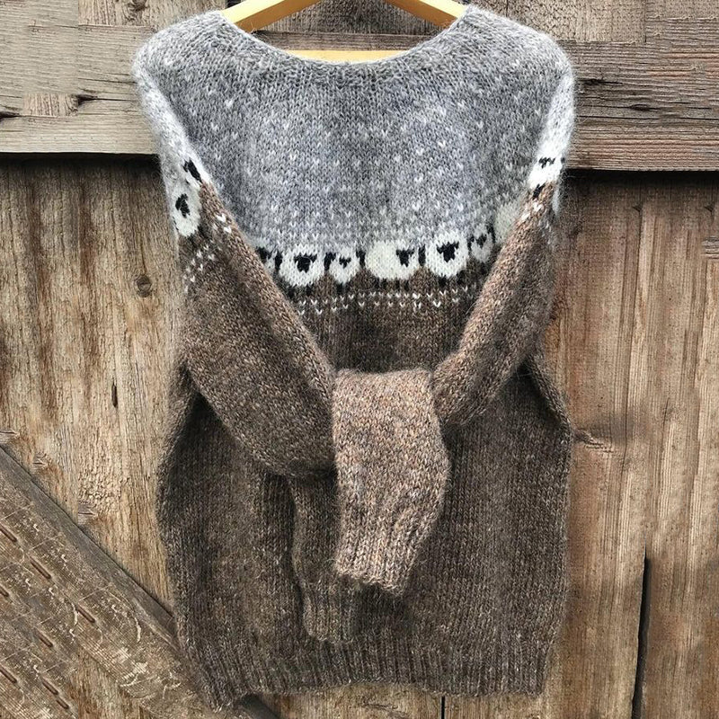Baumwollpullover mit grasendem Schaf-Muster