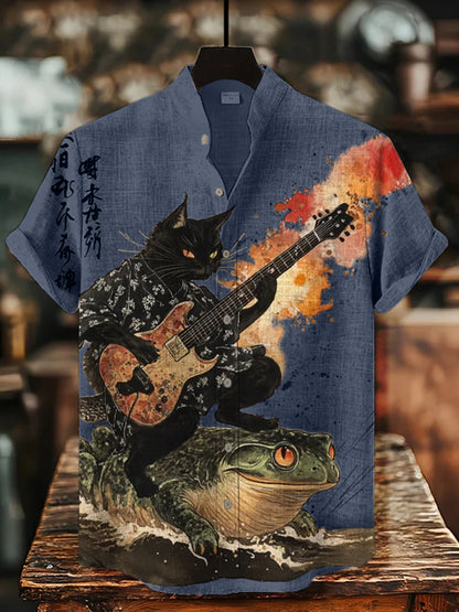Men's Black Cat Riding On Toad Playing Guitar Print Short Sleeve Shirt elevenforest