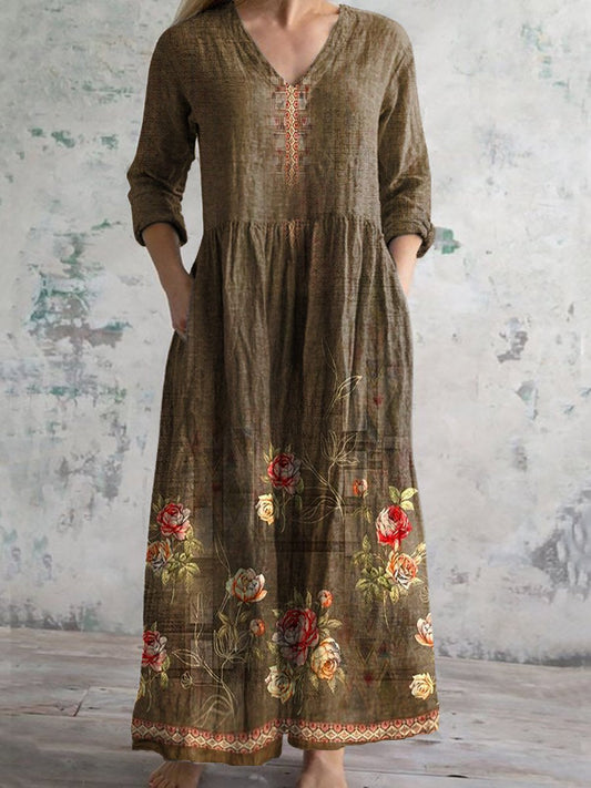 Women's Vintage Floral Print Casual Cotton Dress