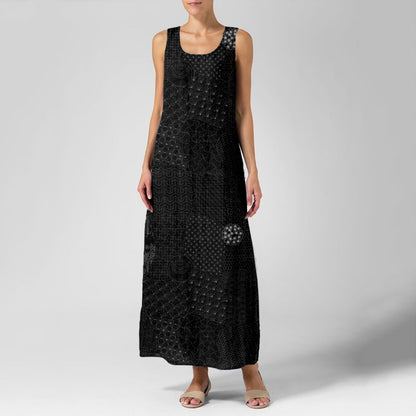 Comstylish Vintage Japanese Traditional Sashiko Art Linen Maxi Dress