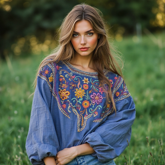 Retro Floral Embroidery Print Cotton And Linen Blend Loose Blouse artswardrobe