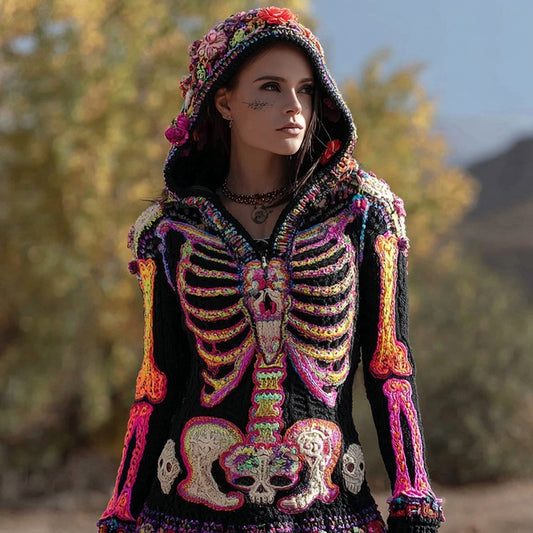 Comstylish Day Of The Dead Inspired Skeleton Cozy Knit Hooded Sweater