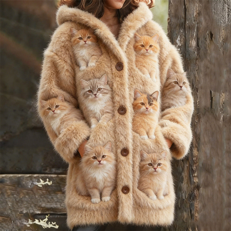 Beige Woll-Strickjacke mit vielen Katzen