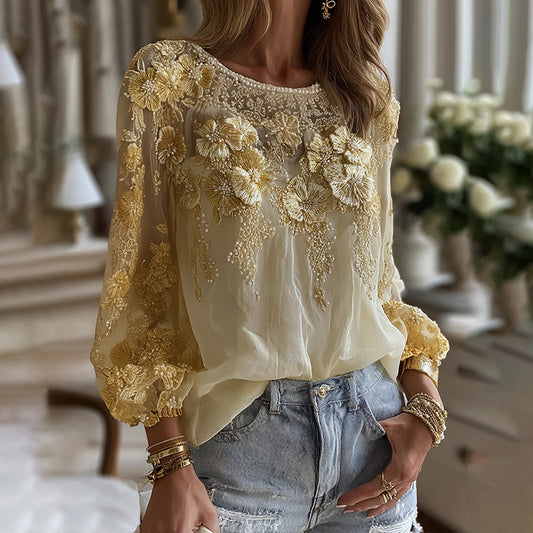 Comstylish Women's Classic Bohemian Yellow Floral And Gold Roses Embroidery Art Linen Blend Round Neck T-shirt