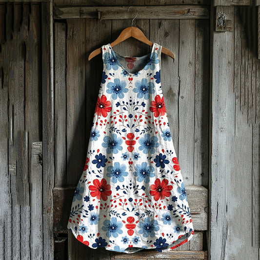 Vintage Loose Independence Day American Floral Patriotic Fourth Of July Art Linen Tank Dress artswardrobe