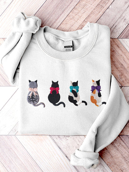 Cute Cat Embroidery Pattern Casual Sweatshirt elevenforest