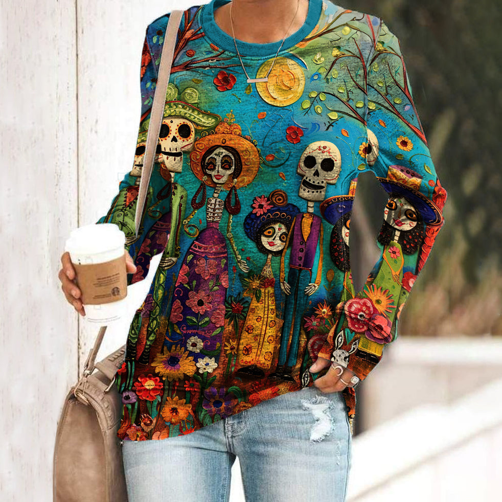 Comstylish Women's Day Of The Dead Skull Print Crew Neck Sweatshirt