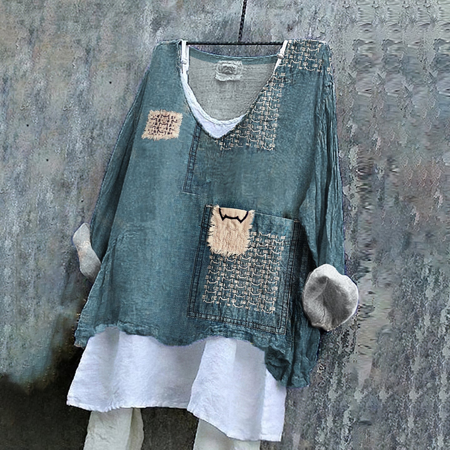 Retro Sashiko Cats Japanese Art Patchwork Linen Blend Tunic elevenforest