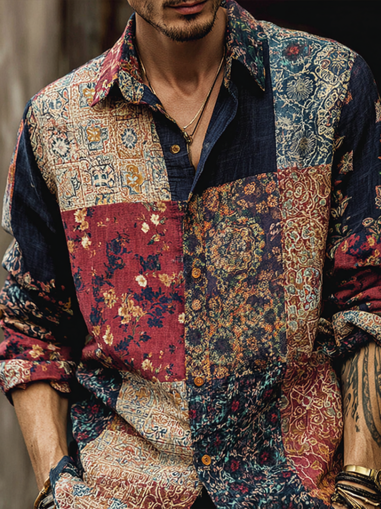 Western Style Bohemian Plant Flower Pattern Color Block Patchwork Retro Cotton And Linen Men's Shirt artswardrobe
