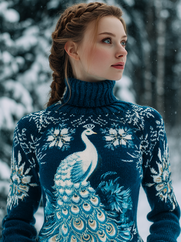 Baumwollpullover mit weißem Schnee-Pfau-Design