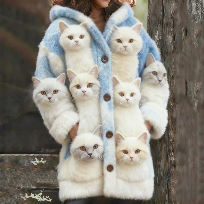 Woll-Strickjacke mit vielen Katzen-Print