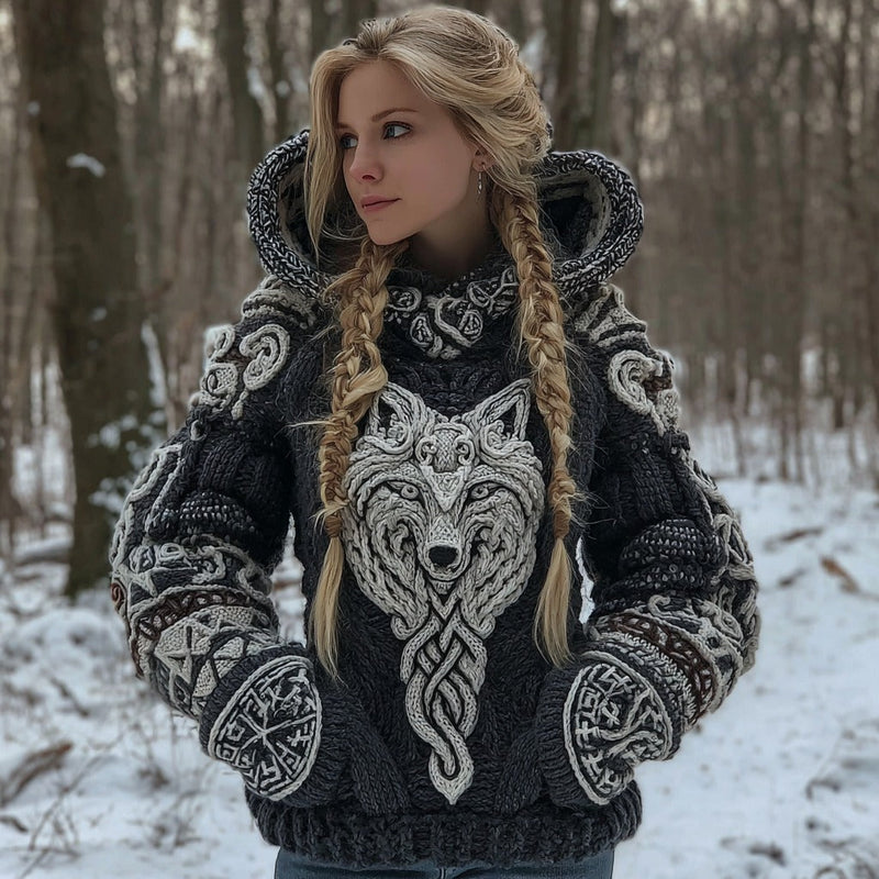 Baumwollmix-Kapuzenstrickjacke mit keltischem Wolfsmotiv
