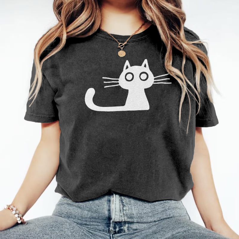 Comstylish Cute Cat Print Crew Neck Vintage Cozy T Shirt