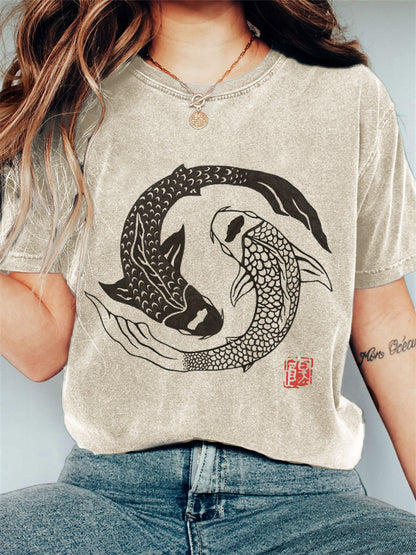 Comstylish Carp Fish Contrast Japanese Lino Art Vintage T Shirt