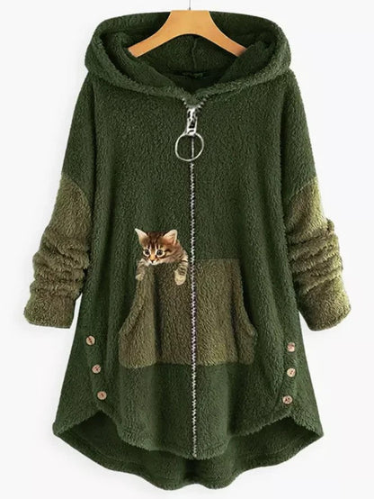 Fleece-Kapuzenmantel mit Colorblock-Paneelen und bestickter Kätzchen-Tasche