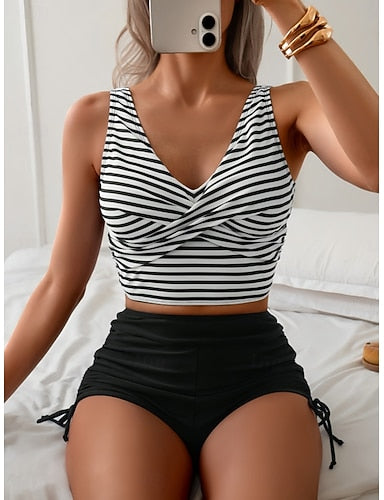 Swimwear Bikini 2 Piece Briefs Swimsuit Slim Backless Vacation Beach Wear Stripe V Neck Sleeveless Bathing Suits