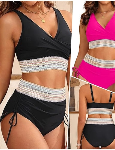Swimwear Tankini Swimsuit Crochet Backless Beach Wear Color Plain Plunge Sleeveless Bathing Suits