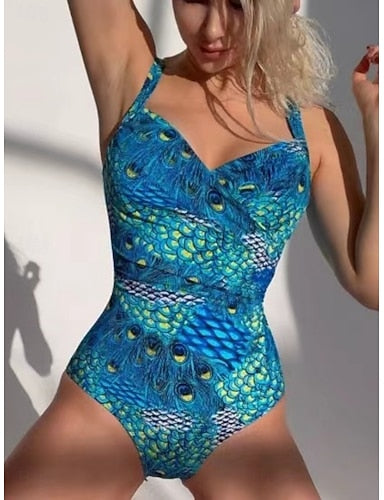 One Piece Swimsuit Slimming Leopard Monokini Tummy Control High Waist Slim Backless Vacation Beach Wear Animal Color Block V Neck Sleeveless Bathing Suits