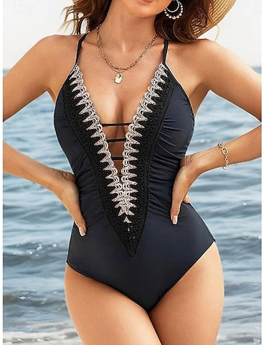 One Piece Swimsuit Slimming Ruched Cutout Monokini Tummy Control High Waist Slim Backless Vacation Beach Wear Color V Neck Sleeveless Bathing Suits