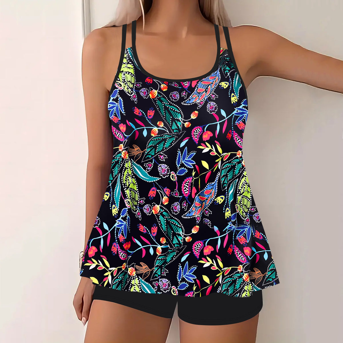Tankini 2 Piece Swimsuit High Waist Backless Vacation Beach Wear Graphic U Neck Sleeveless Bathing Suits