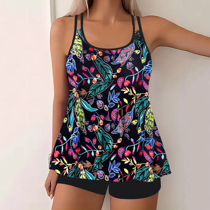 Tankini 2 Piece Swimsuit High Waist Backless Vacation Beach Wear Graphic U Neck Sleeveless Bathing Suits