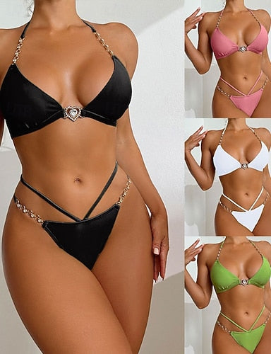 Swimwear 2 Piece Cheeky Swimsuit Backless Vacation Beach Wear Color Halter Neck Sleeveless Bathing Suits