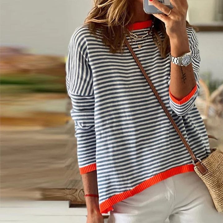 MW | Blau gestreifter Pullover mit orangefarbenem Rand