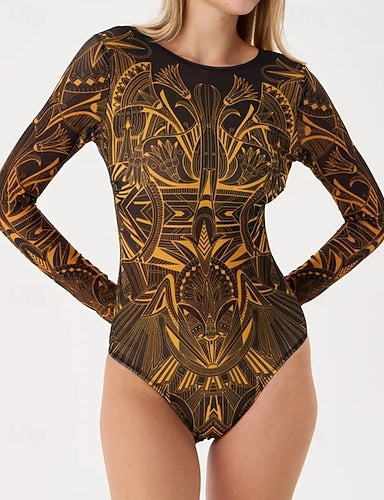 Rash Guard Bathing Suit One Piece Swimsuits Graphic Mesh Uv Protection Breathable Long Sleeve Swimwear Surfing Beach Vacation Spring