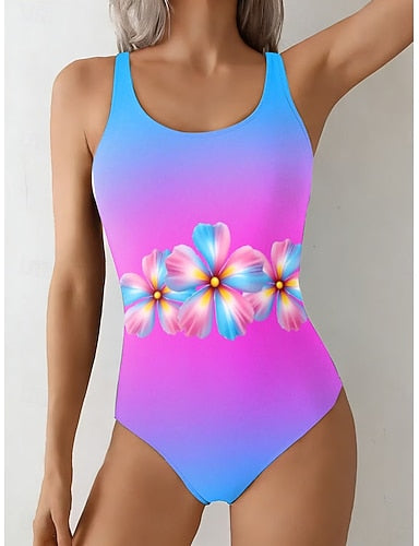 Swimwear One Piece Briefs Swimsuit Vacation Ombre Round Neck Sleeveless Bathing Suits