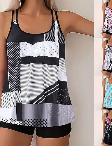 Swimwear 2 Piece Shorts Swimsuit Backless Vacation Beach Wear U Neck Sleeveless Bathing Suits