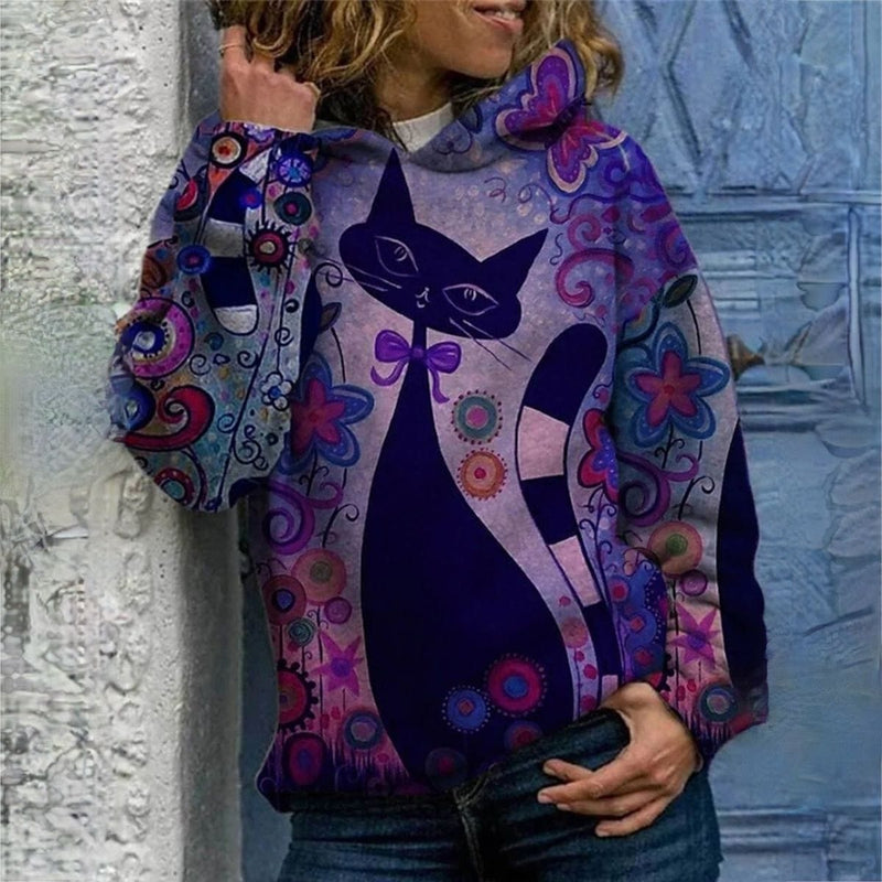 MW | Eleganter Kapuzenpulli mit Katzendruck