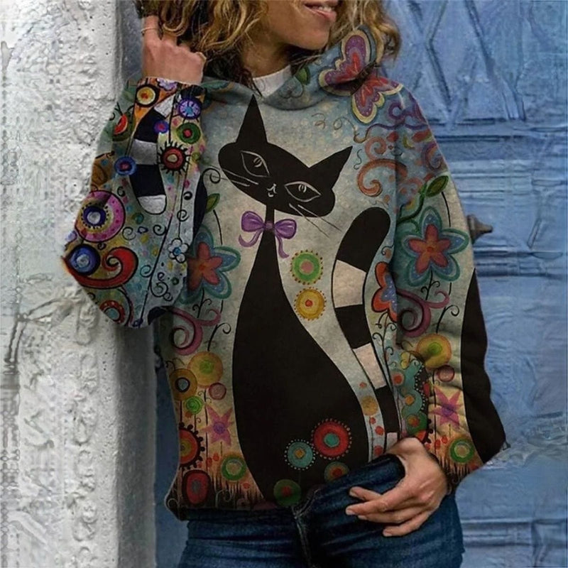 MW | Eleganter Kapuzenpulli mit Katzendruck