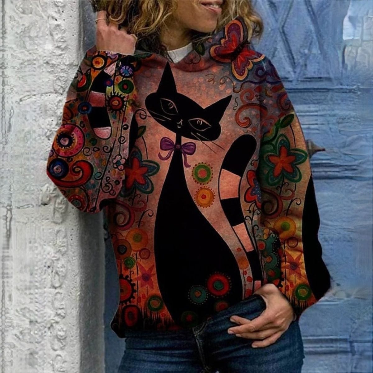 MW | Eleganter Kapuzenpulli mit Katzendruck