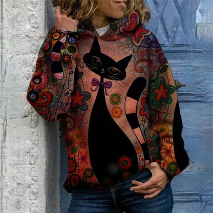 MW | Eleganter Kapuzenpulli mit Katzendruck