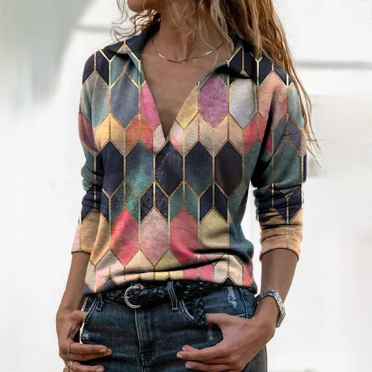 MW | Eleganter Pullover mit geometrischem Druck und V-Ausschnitt