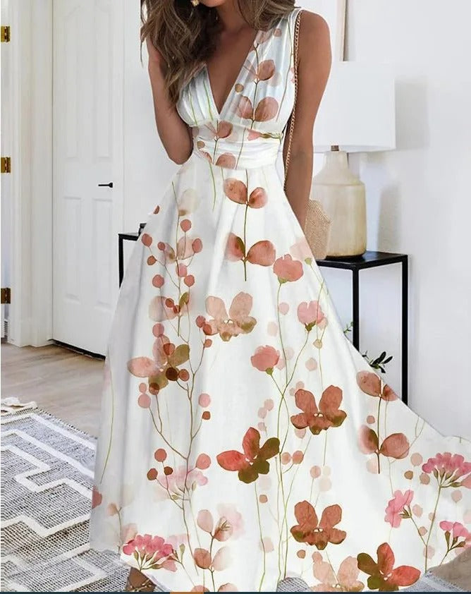 MW | V-Ausschnitt ärmelloses Maxikleid