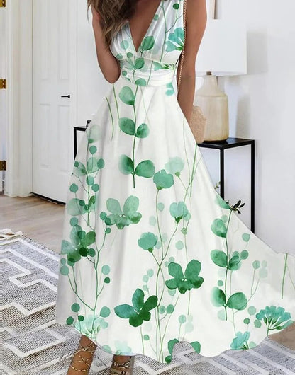 MW | V-Ausschnitt ärmelloses Maxikleid