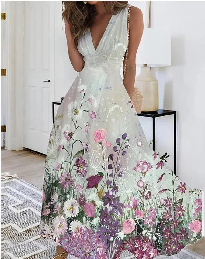 MW | V-Ausschnitt ärmelloses Maxikleid